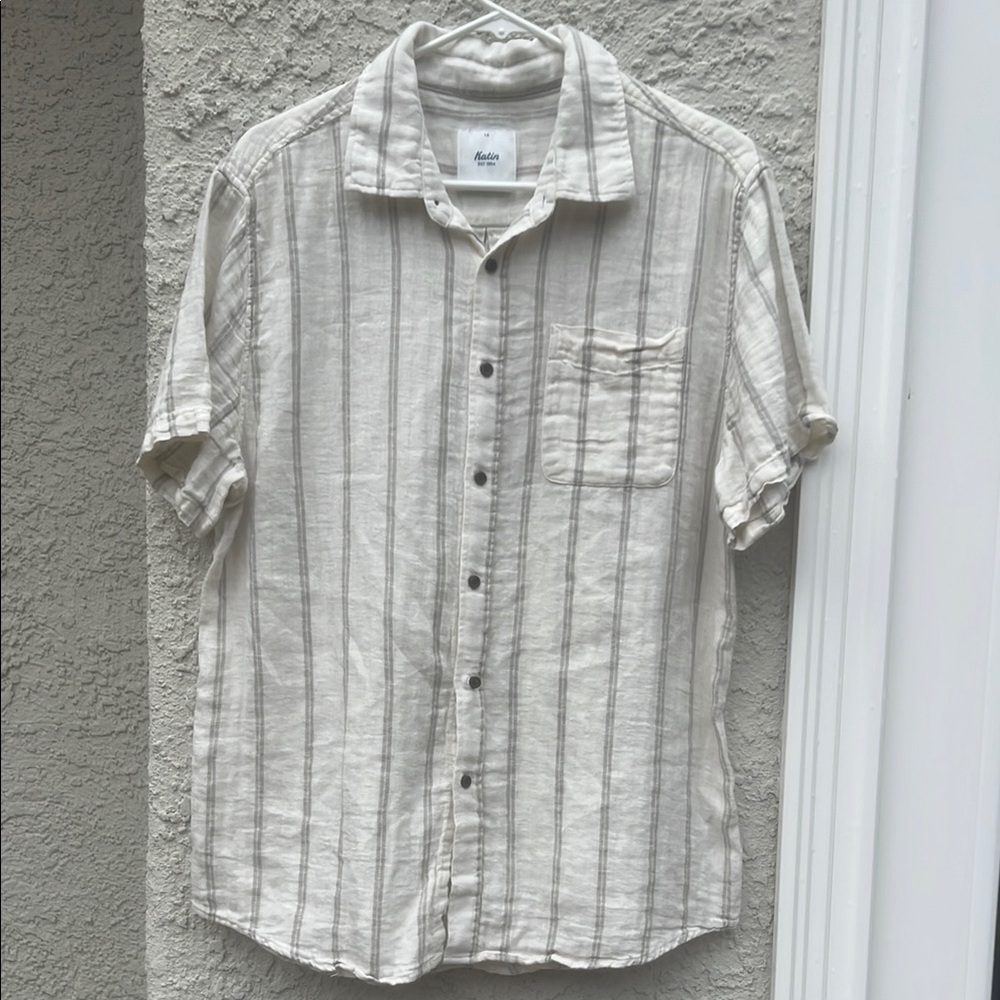 Katin Alan Men's Striped Linen Blend Button up Short Sleeve Shirt Size L